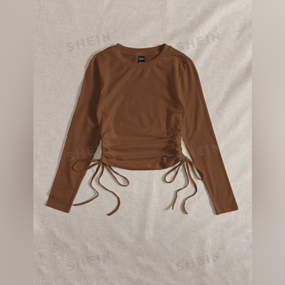 Ruched Drawstring Long Sleeve Brown Top - Picture 2 of 4